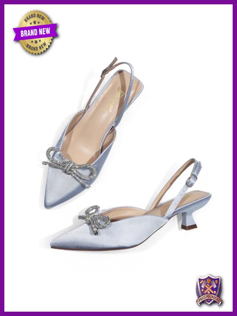 Closed Pointed Toe Kitten Heel Pumps With Rhinestone Bow Slingback